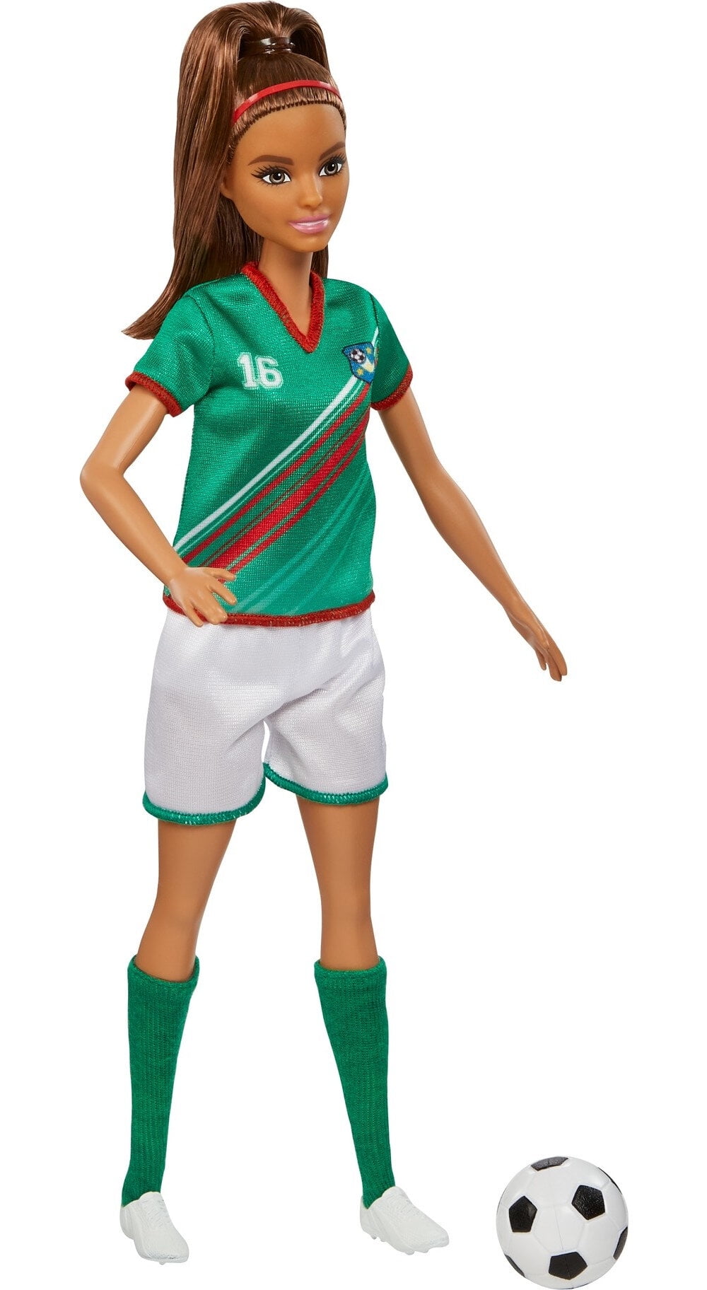Barbie Soccer Fashion Doll Dressed in Cleats, Colorful #16 Uniform & Tall Socks, Brunette Ponytail