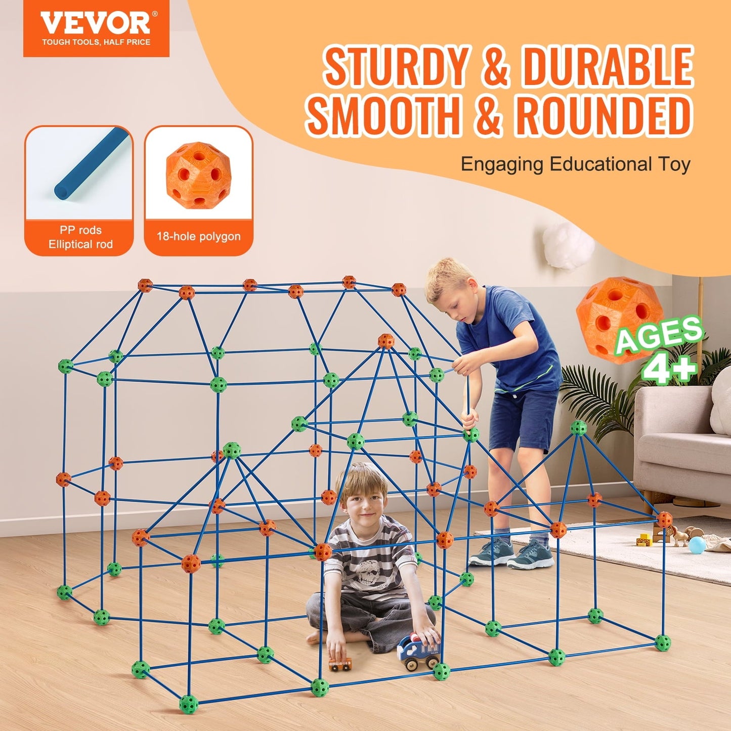 VEVOR Fort Building Kit for Kids, 180PCS STEM Building Toys, Educational Gift for 4 5 6 7 8+ Year Old Boys & Girls, Indoor Outdoor Play Tent Builder Set Construction Toys with 120 Rods and 60 Balls