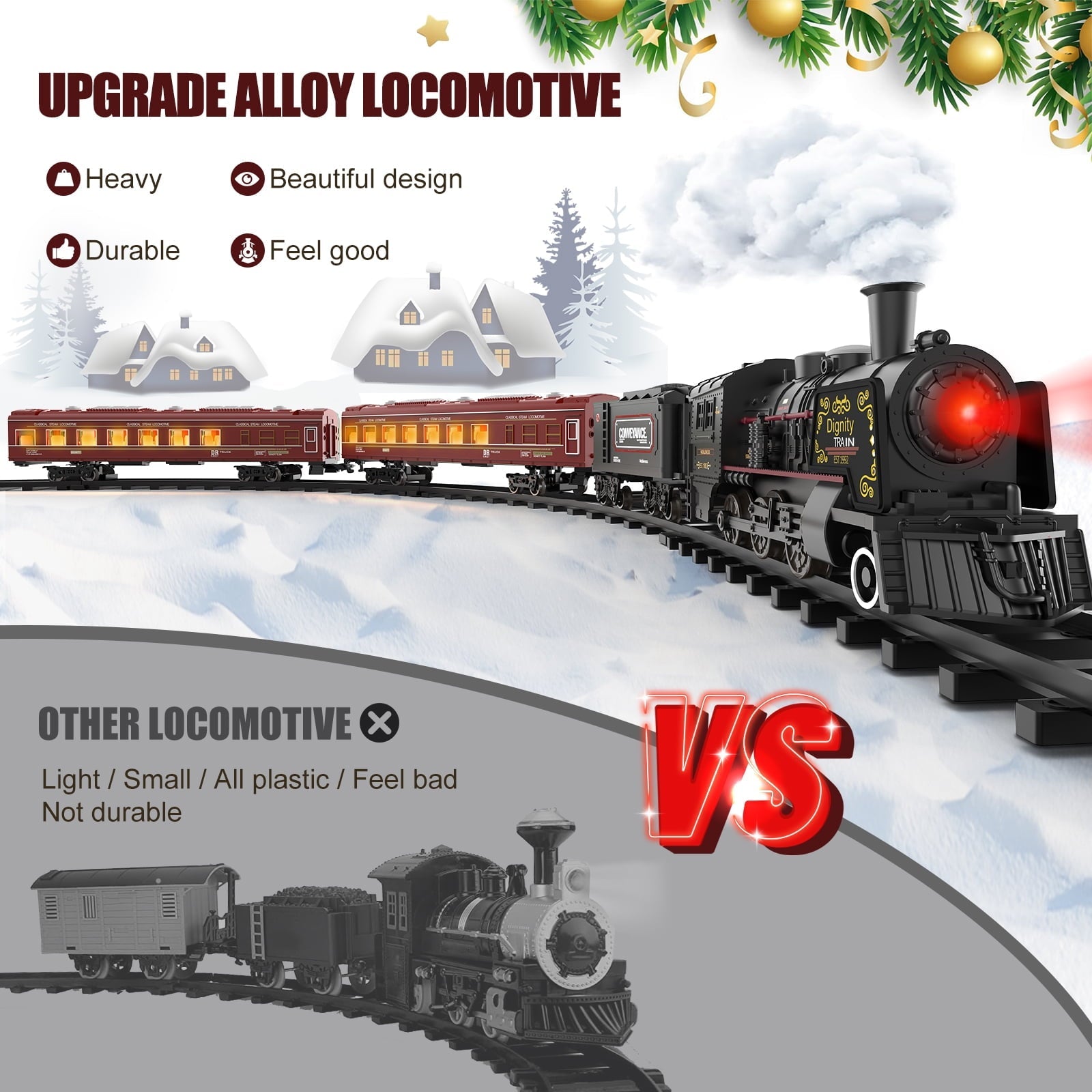 Beefunni Christmas Train Set, Boys Battery Operated Metal Alloy Electric Train Toys with Smoke, Sounds & Lights, Christmas Gifts for 3-12 Years Old Kids
