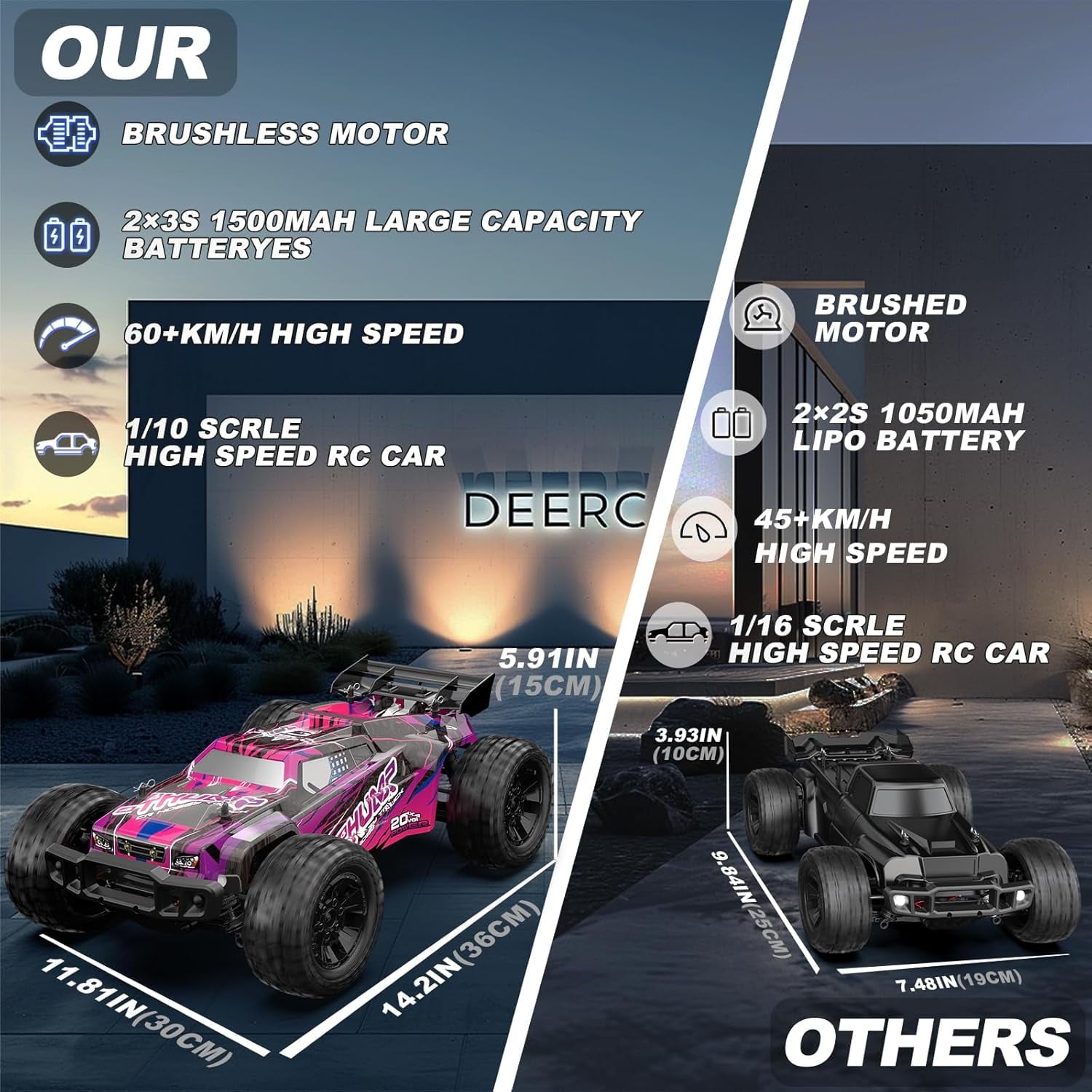 DEERC 200E 1:10 Large 3S Brushless Motor High Speed RC Cars for Adults, 4X4 Fast RC Trucks W/Extra Shell LED Headlight, 60KM/H, All Terrain Remote Control Car, Offroad Monster Truck for Boys,2 Battery