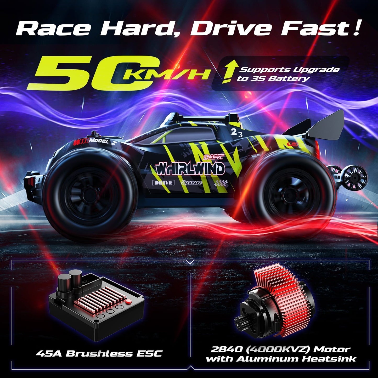DEERC 1/14 Fast Brushless RC Car for Adults, 43 MPH High Speed 4x4 Off-Road RC Truck, Waterproof Monster Truggy, All Terrain Remote Control Drift Car for Boys 8-12, 2 Batteries, 3S Lipo Compatible
