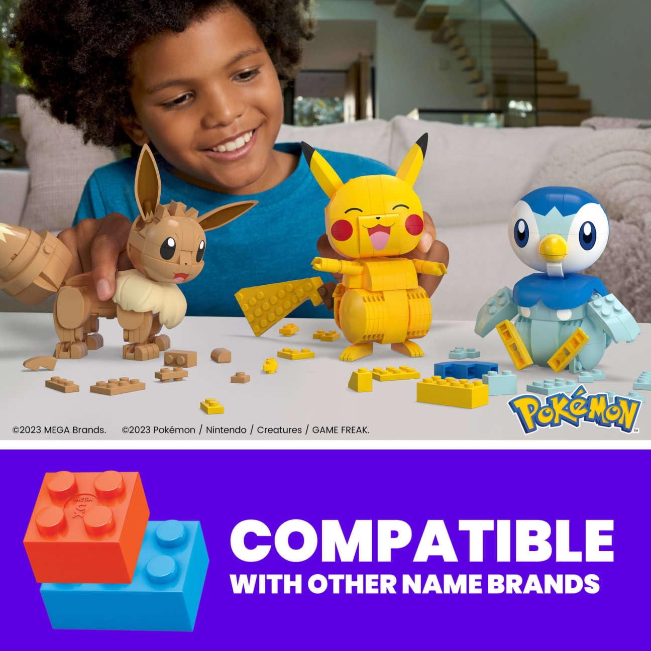 Pokemon Mega Construx Trio, 583-Piece Building Set, Pikachu Eevee Piplup Figures, 4" Tall