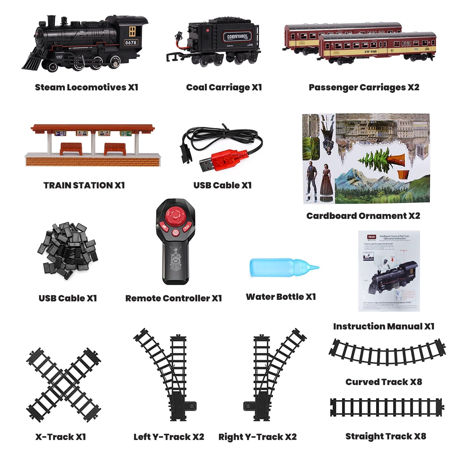 Train Set with Remote Control, AUOSHI Electric Train Track W/Cargo Vehicle, Light & Sounds, Plastic Steam Locomotive Engine Train Toy Educational Gift for 5 6 7 8+ Years Old Boys Girls